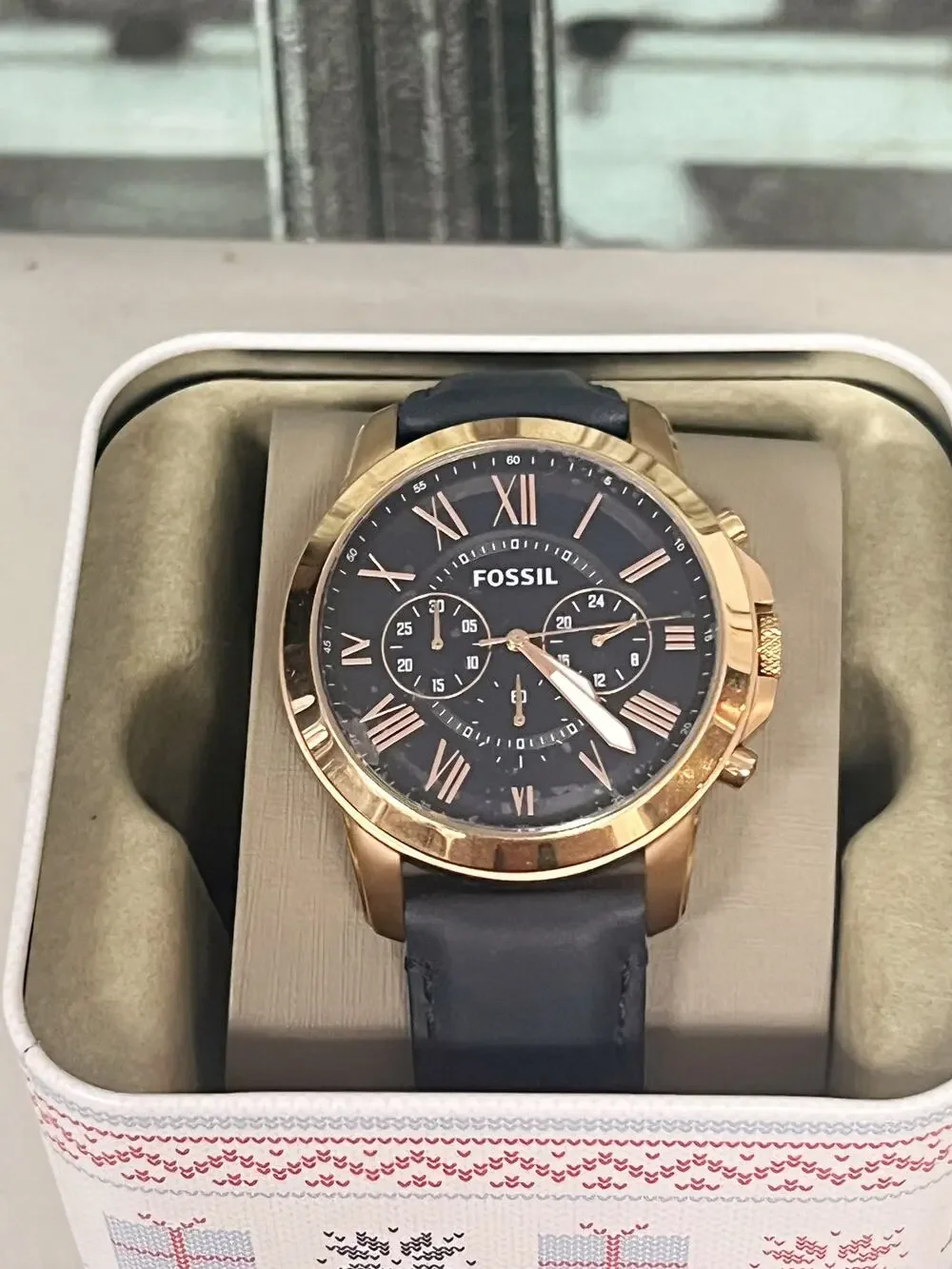 Fossil FS4835 Chronograph 44mm Rose Gold Steel Watch Navy Leather